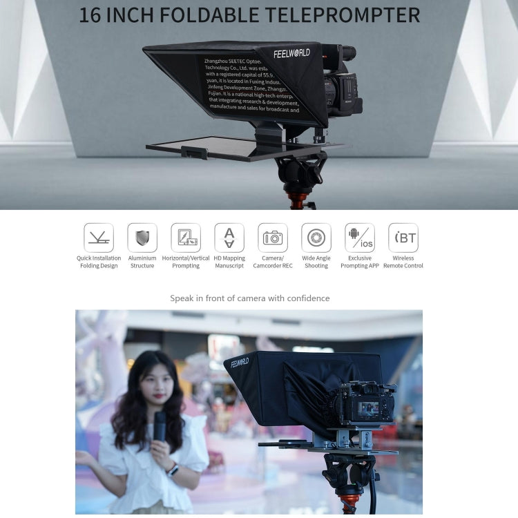 FEELWORLD TP16 16 inch Tablet Horizontal Vertical Prompting Folding Teleprompter, Bluetooth Remote Control(Black)