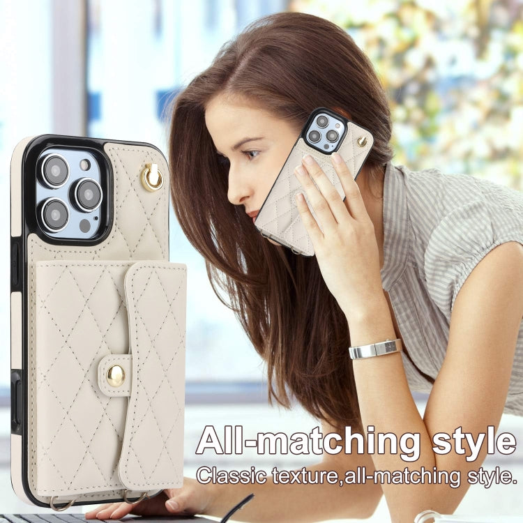 For iPhone 16 Pro Max Crossbody Rhombic Horizontal Wallet Leather Phone Case