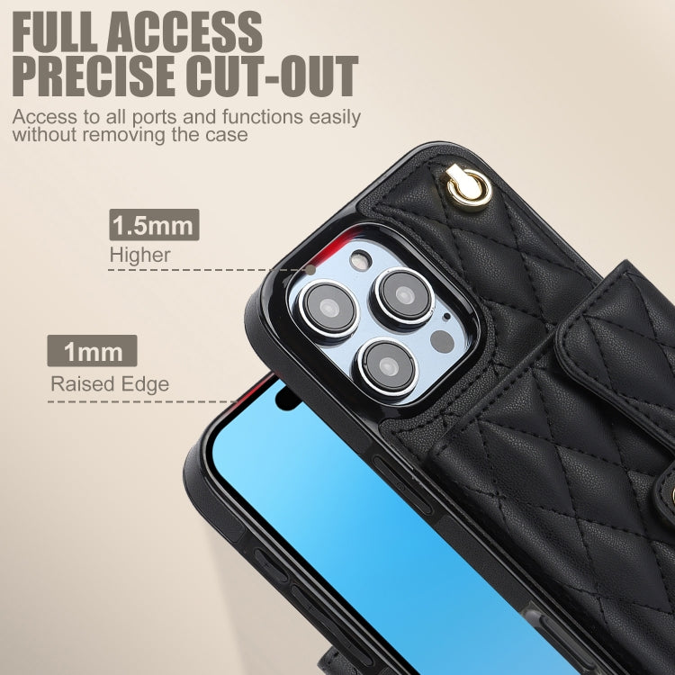 For iPhone 16 Pro Max Crossbody Rhombic Horizontal Wallet Leather Phone Case