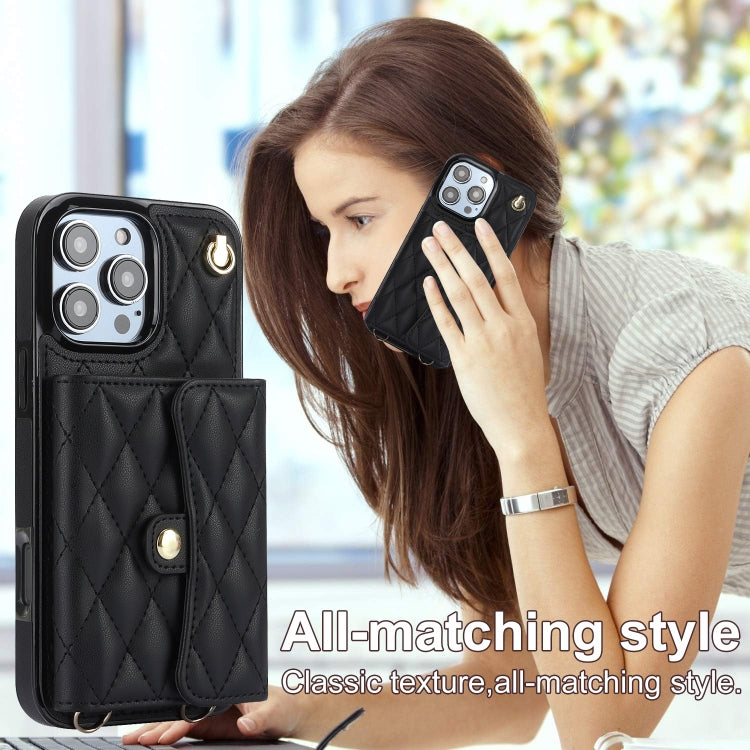 For iPhone 16 Pro Max Crossbody Rhombic Horizontal Wallet Leather Phone Case