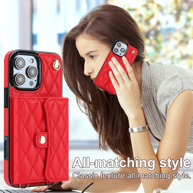 For iPhone 16 Pro Max Crossbody Rhombic Horizontal Wallet Leather Phone Case