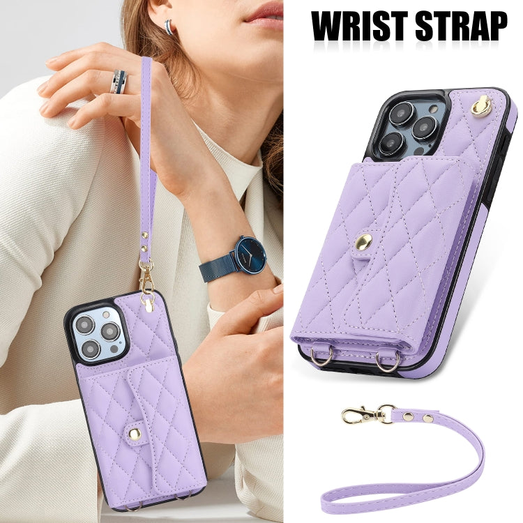 For iPhone 16 Pro Max Crossbody Rhombic Horizontal Wallet Leather Phone Case