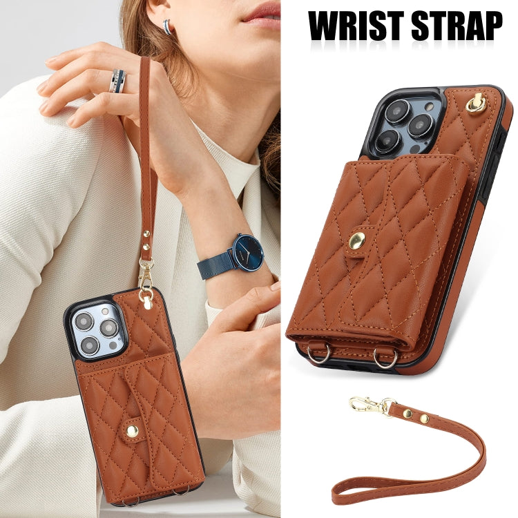 For iPhone 16 Pro Max Crossbody Rhombic Horizontal Wallet Leather Phone Case