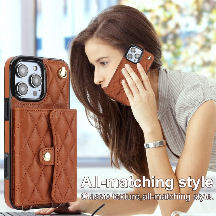 For iPhone 16 Pro Max Crossbody Rhombic Horizontal Wallet Leather Phone Case