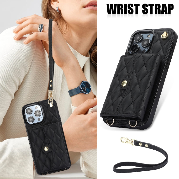 For iPhone 16 Pro Crossbody Rhombic Horizontal Wallet Leather Phone Case