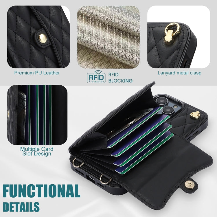 For iPhone 16 Pro Crossbody Rhombic Horizontal Wallet Leather Phone Case