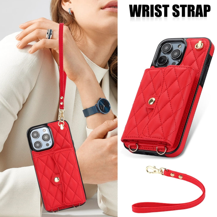 For iPhone 16 Pro Crossbody Rhombic Horizontal Wallet Leather Phone Case