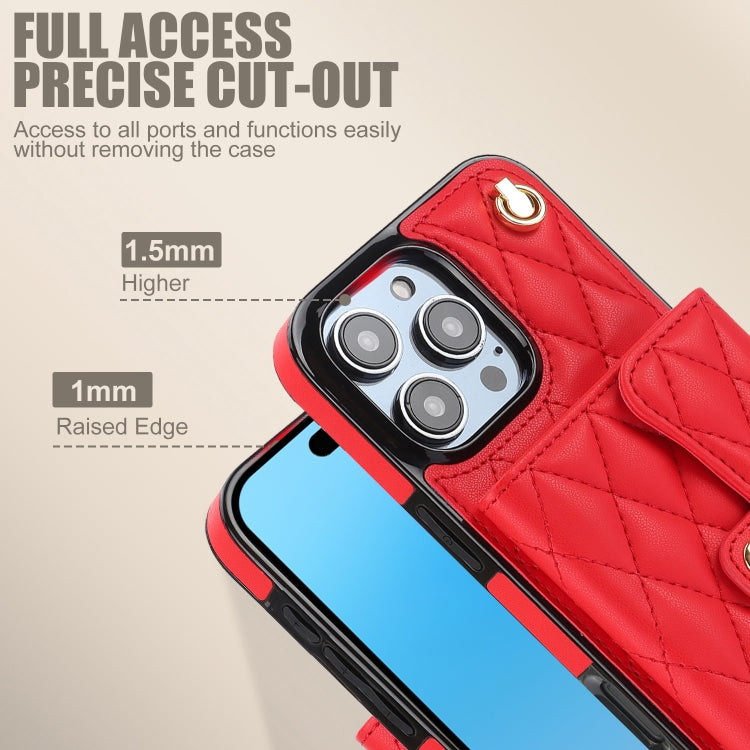 For iPhone 16 Pro Crossbody Rhombic Horizontal Wallet Leather Phone Case