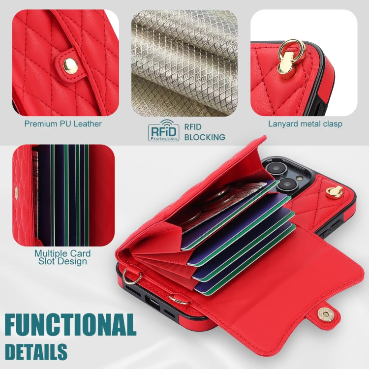 For iPhone 16 Pro Crossbody Rhombic Horizontal Wallet Leather Phone Case
