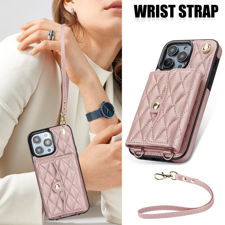 For iPhone 16 Pro Crossbody Rhombic Horizontal Wallet Leather Phone Case