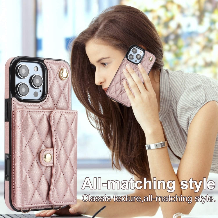 For iPhone 16 Pro Crossbody Rhombic Horizontal Wallet Leather Phone Case