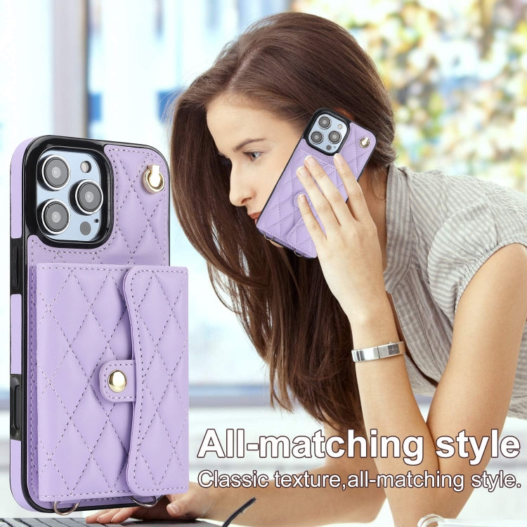 For iPhone 16 Pro Crossbody Rhombic Horizontal Wallet Leather Phone Case