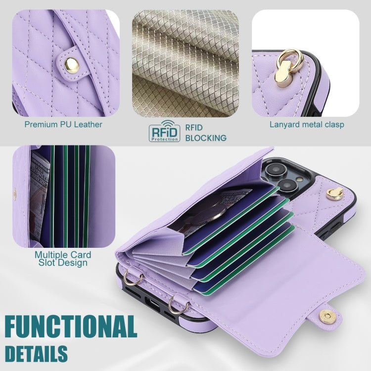 For iPhone 16 Pro Crossbody Rhombic Horizontal Wallet Leather Phone Case