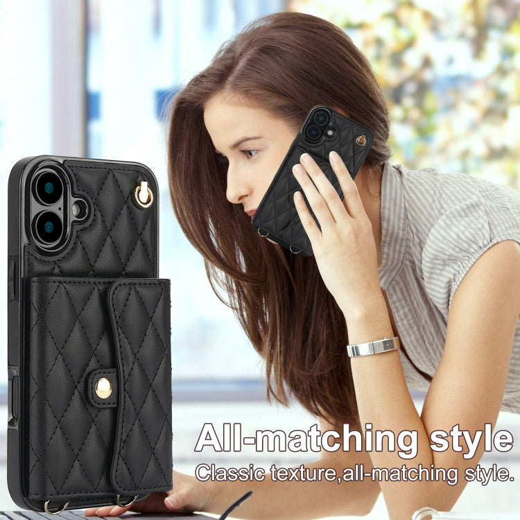For iPhone 16 Plus Crossbody Rhombic Horizontal Wallet Leather Phone Case