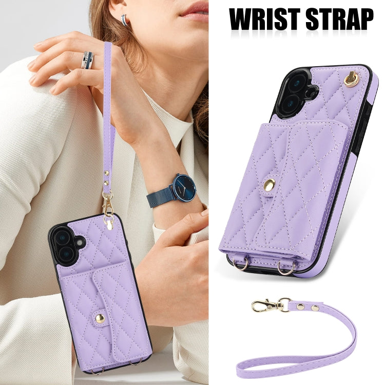For iPhone 16 Plus Crossbody Rhombic Horizontal Wallet Leather Phone Case