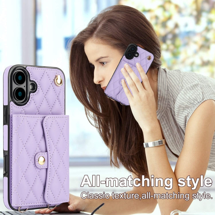 For iPhone 16 Plus Crossbody Rhombic Horizontal Wallet Leather Phone Case