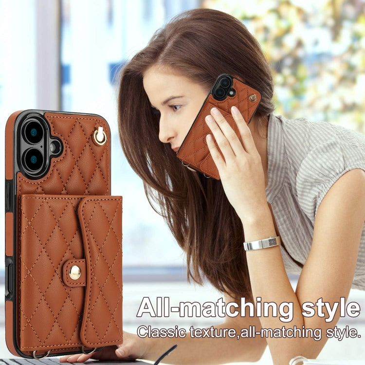 For iPhone 16 Plus Crossbody Rhombic Horizontal Wallet Leather Phone Case