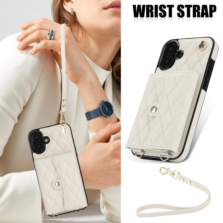 For iPhone 16 Crossbody Rhombic Horizontal Wallet Leather Phone Case