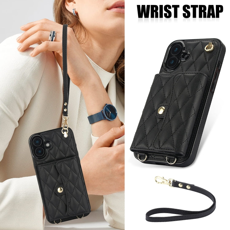 For iPhone 16 Crossbody Rhombic Horizontal Wallet Leather Phone Case