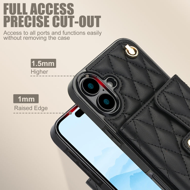 For iPhone 16 Crossbody Rhombic Horizontal Wallet Leather Phone Case
