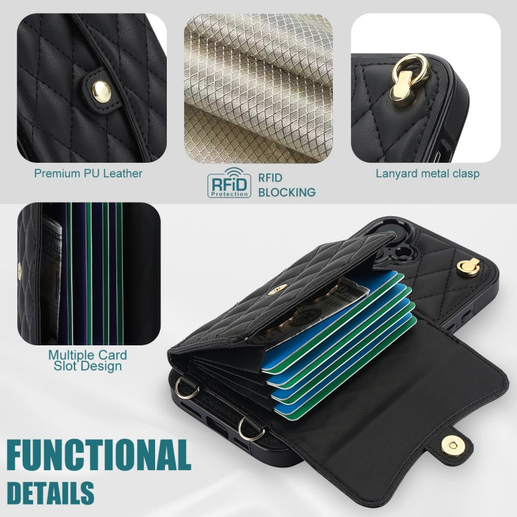 For iPhone 16 Crossbody Rhombic Horizontal Wallet Leather Phone Case