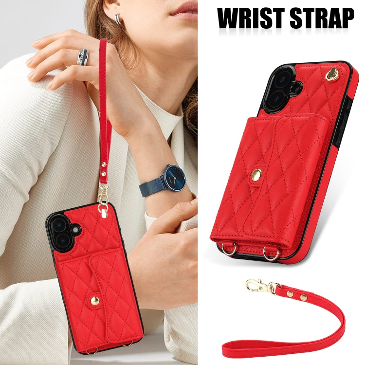 For iPhone 16 Crossbody Rhombic Horizontal Wallet Leather Phone Case