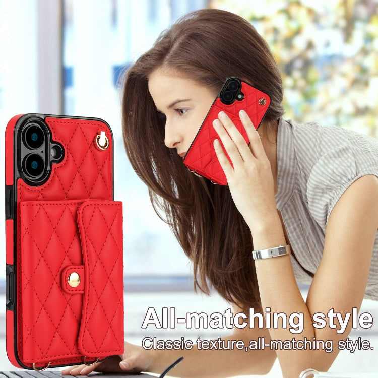For iPhone 16 Crossbody Rhombic Horizontal Wallet Leather Phone Case