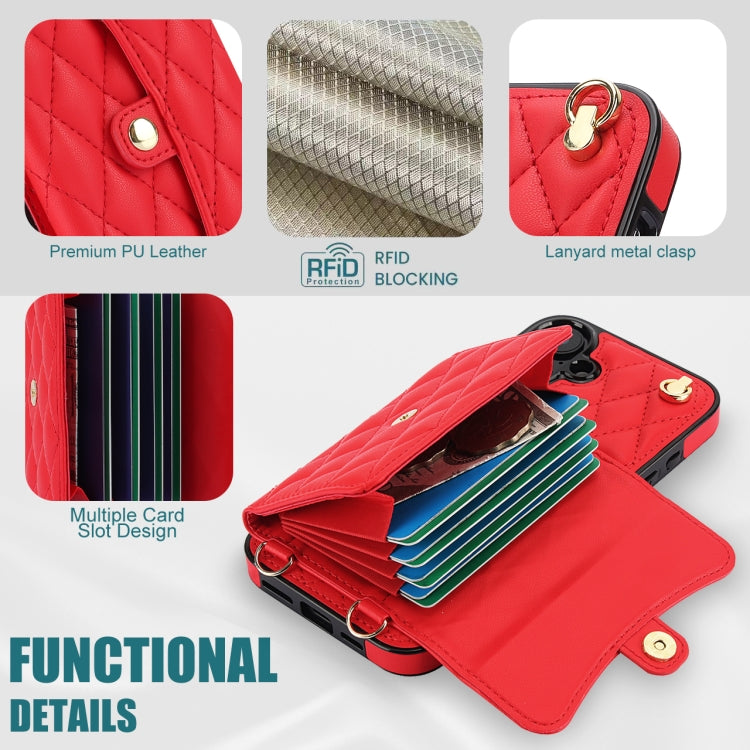 For iPhone 16 Crossbody Rhombic Horizontal Wallet Leather Phone Case