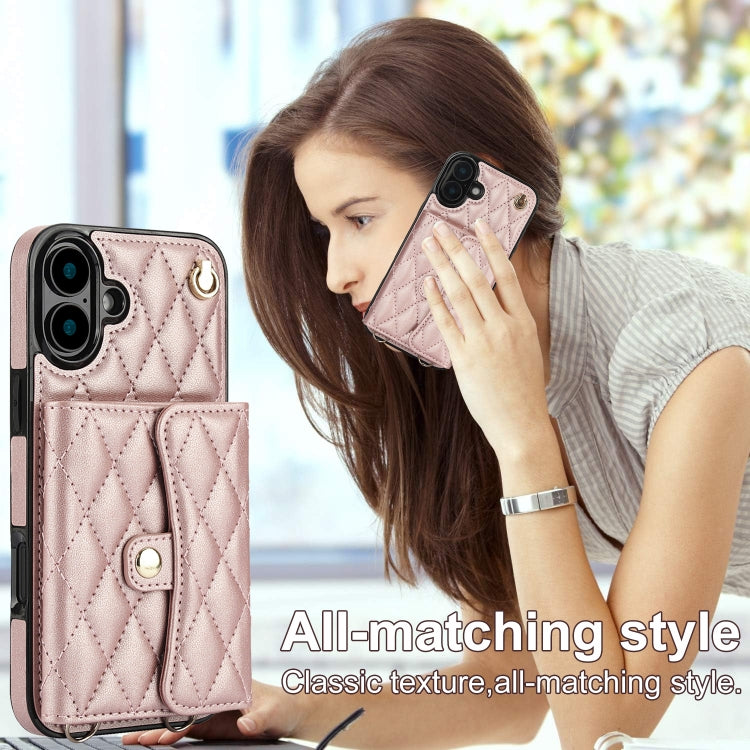 For iPhone 16 Crossbody Rhombic Horizontal Wallet Leather Phone Case