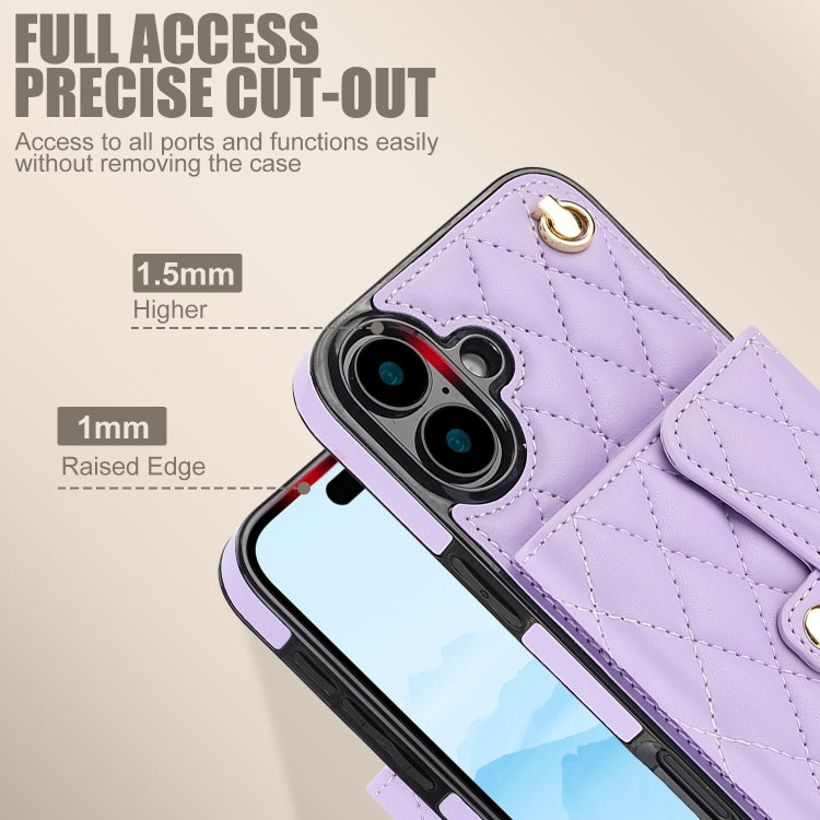 For iPhone 16 Crossbody Rhombic Horizontal Wallet Leather Phone Case