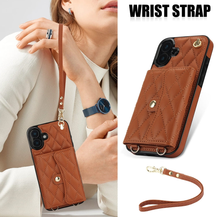 For iPhone 16 Crossbody Rhombic Horizontal Wallet Leather Phone Case