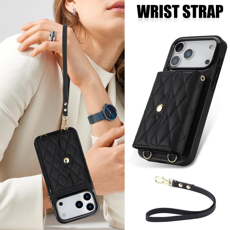 For iPhone 17 Pro Max Crossbody Rhombic Horizontal Wallet Leather Phone Case