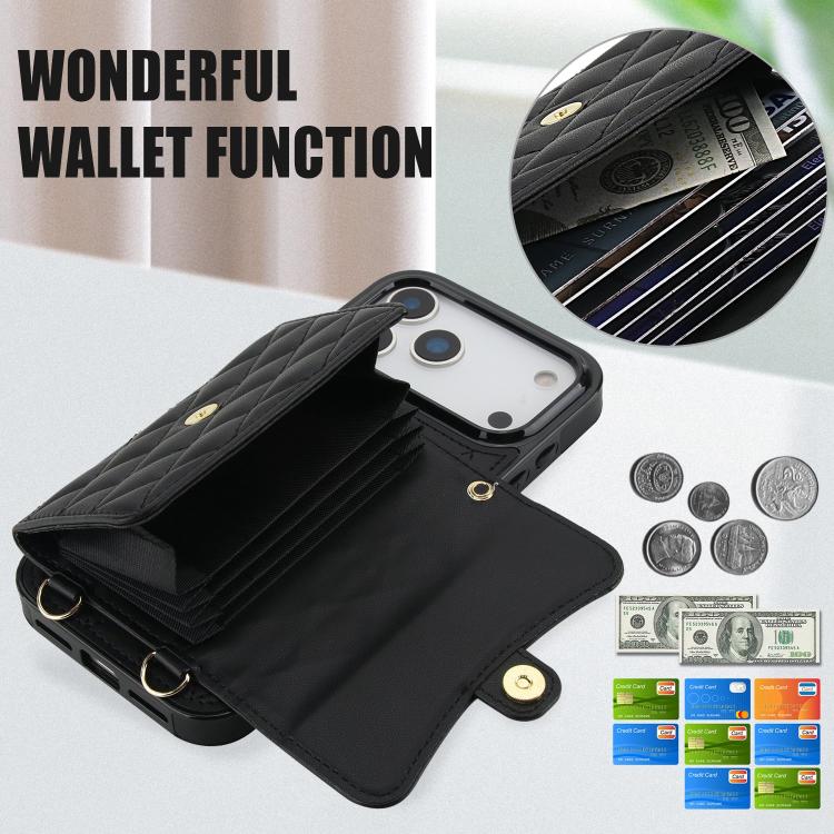 For iPhone 17 Pro Max Crossbody Rhombic Horizontal Wallet Leather Phone Case