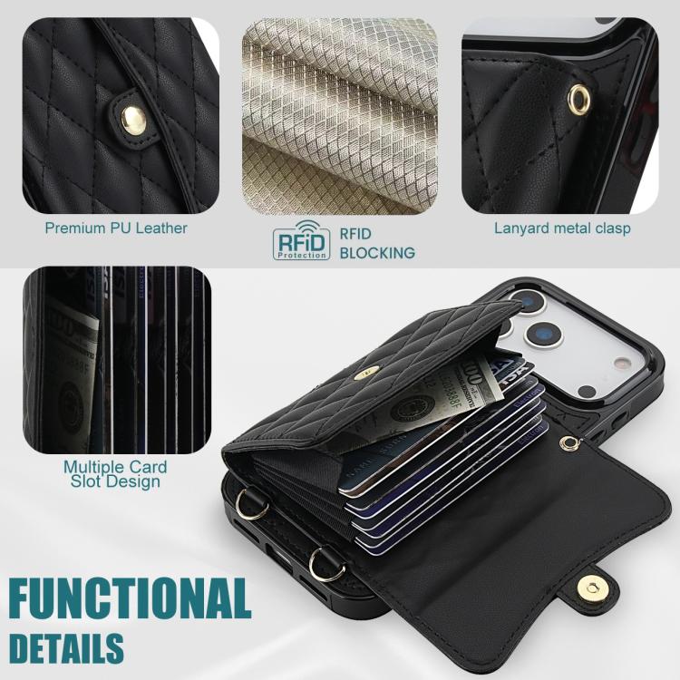 For iPhone 17 Pro Max Crossbody Rhombic Horizontal Wallet Leather Phone Case