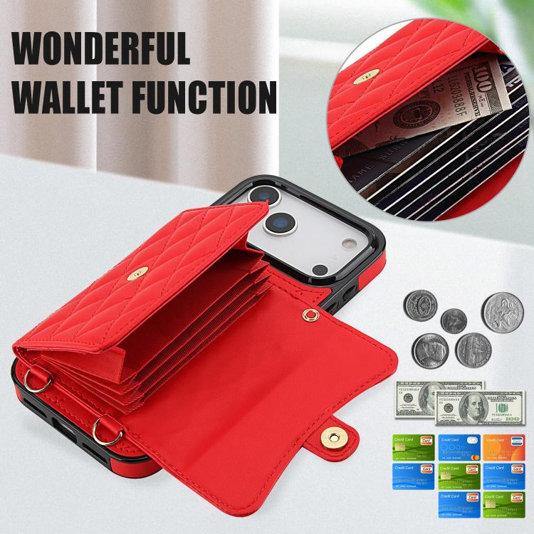 For iPhone 17 Pro Max Crossbody Rhombic Horizontal Wallet Leather Phone Case