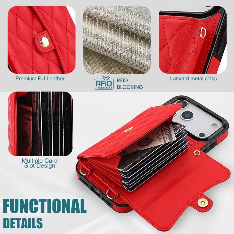 For iPhone 17 Pro Max Crossbody Rhombic Horizontal Wallet Leather Phone Case