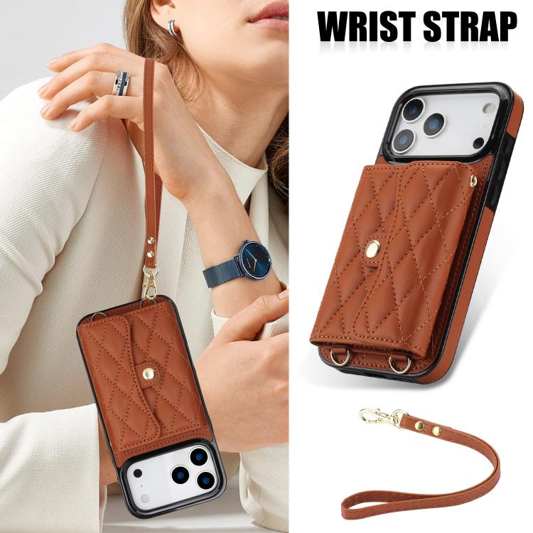 For iPhone 17 Pro Max Crossbody Rhombic Horizontal Wallet Leather Phone Case