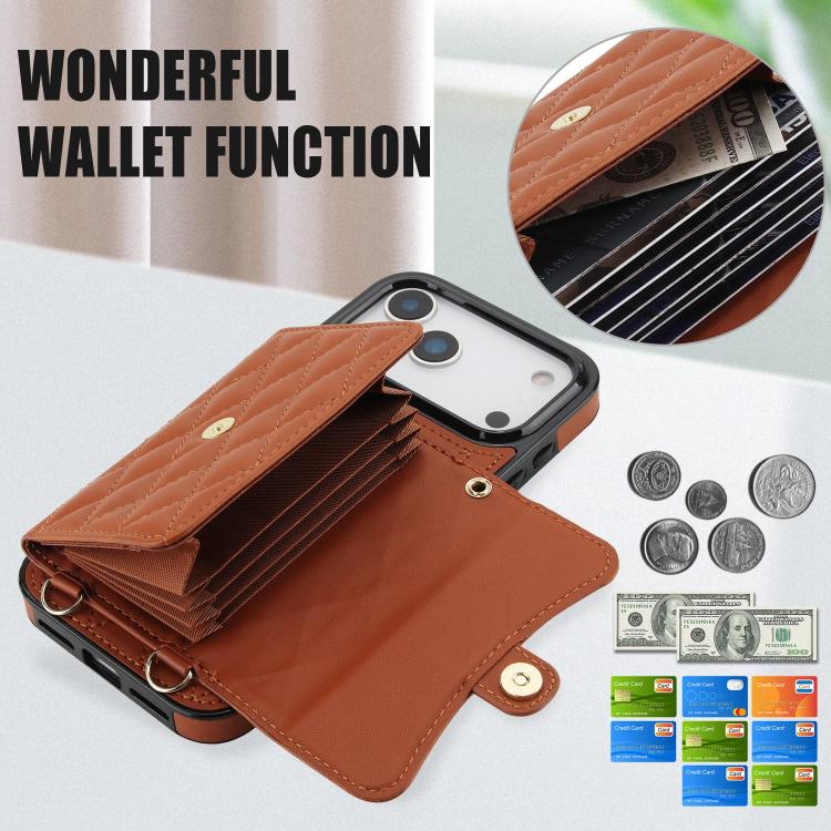 For iPhone 17 Pro Max Crossbody Rhombic Horizontal Wallet Leather Phone Case