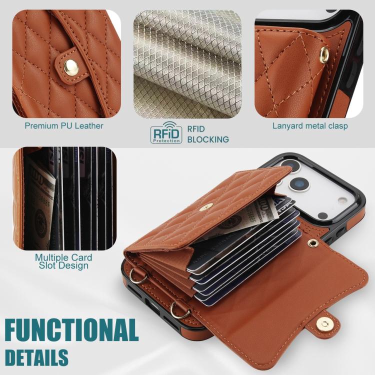 For iPhone 17 Pro Max Crossbody Rhombic Horizontal Wallet Leather Phone Case