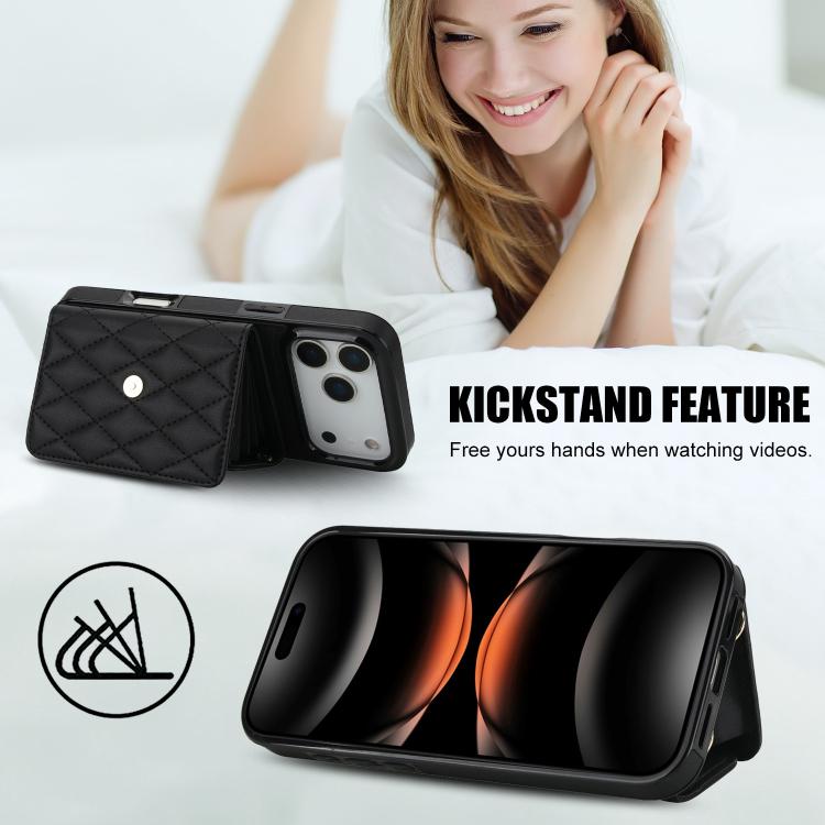 For iPhone 17 Pro Crossbody Rhombic Horizontal Wallet Leather Phone Case