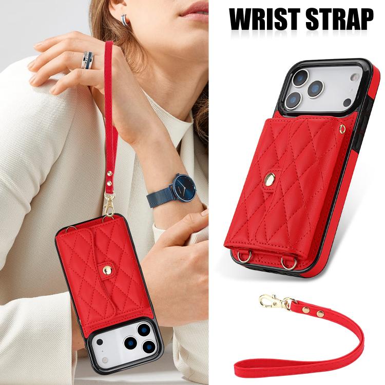 For iPhone 17 Pro Crossbody Rhombic Horizontal Wallet Leather Phone Case