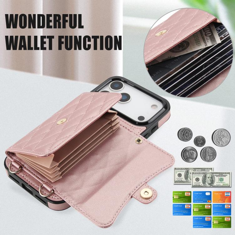 For iPhone 17 Pro Crossbody Rhombic Horizontal Wallet Leather Phone Case
