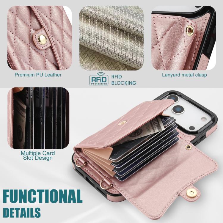 For iPhone 17 Pro Crossbody Rhombic Horizontal Wallet Leather Phone Case