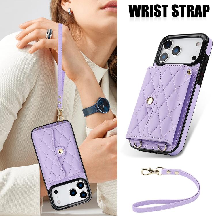 For iPhone 17 Pro Crossbody Rhombic Horizontal Wallet Leather Phone Case