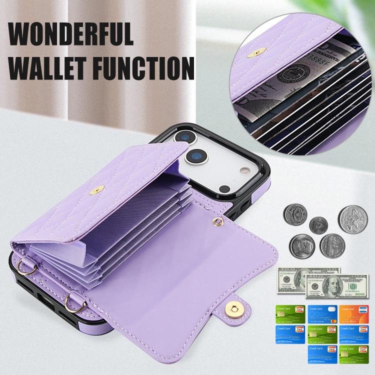 For iPhone 17 Pro Crossbody Rhombic Horizontal Wallet Leather Phone Case