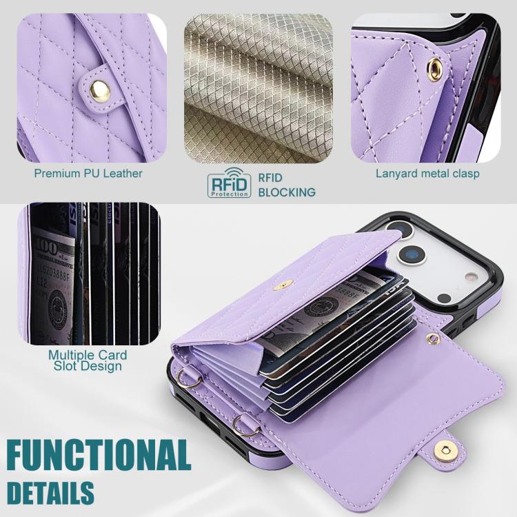 For iPhone 17 Pro Crossbody Rhombic Horizontal Wallet Leather Phone Case