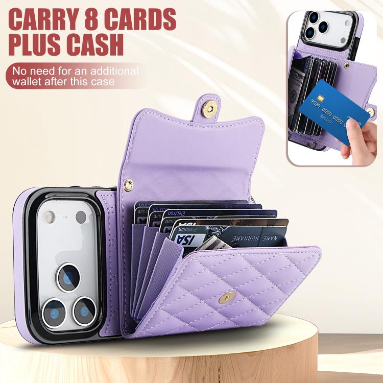 For iPhone 17 Pro Crossbody Rhombic Horizontal Wallet Leather Phone Case