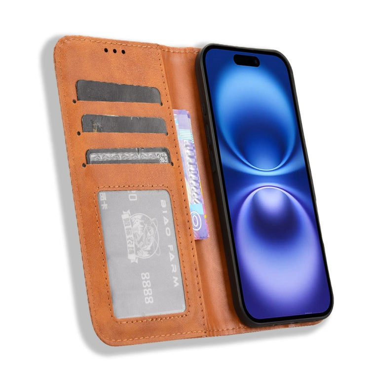 For iPhone 16 Plus Magnetic Buckle Retro Texture Leather Phone Case