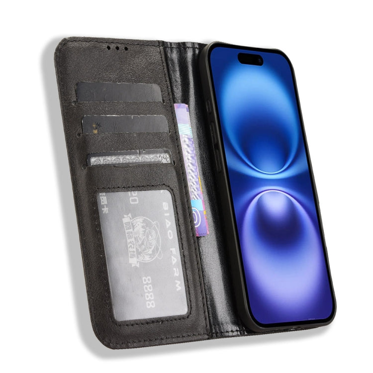 For iPhone 16 Magnetic Buckle Retro Texture Leather Phone Case