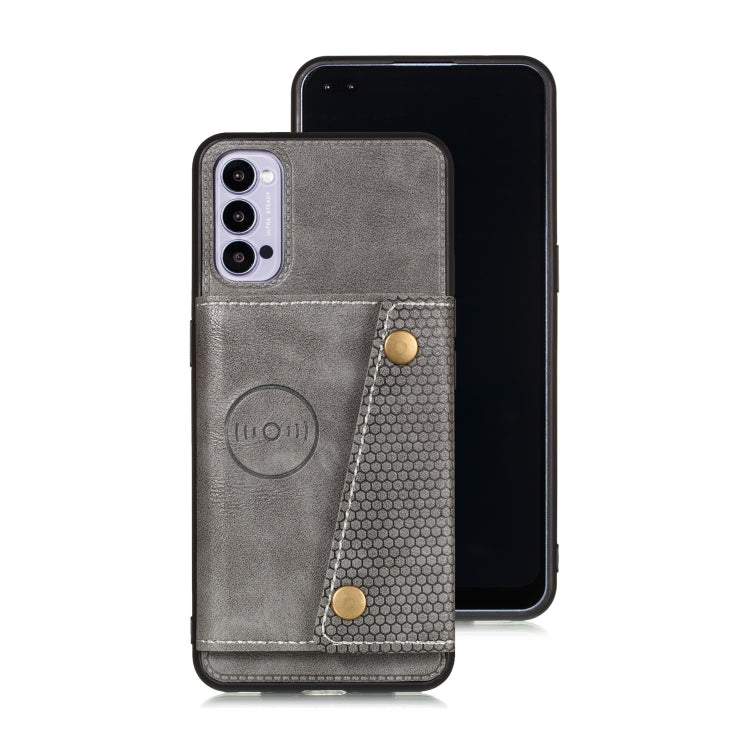 For OPPO Reno4 5G Double Buckle PU + TPU Shockproof Magnetic Protective Case with Card Slot & Holder